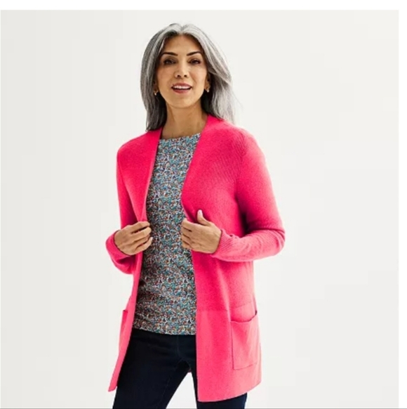 Croft & Barrow Classic Ribbed Open-Front CardiganColor: Canyon Pink, Size: L EUC - Picture 1 of 9